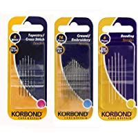Korbond Pack de 3 juegos de agujas de coser: 16 agujas para bordar- 6 agujas de punto de cruz o para lana y 6 agujas…